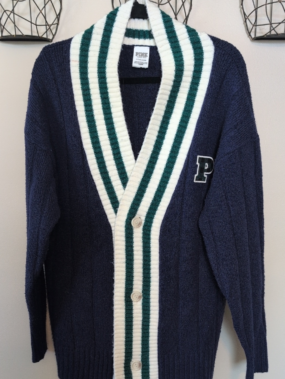 PINK Victoria's Secret Navy Oversized Cardigan with Cream and Green Trim
